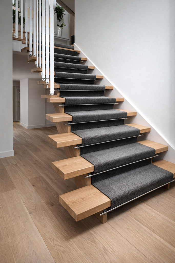 Teppe i åpen trapp med minimalistisk stil